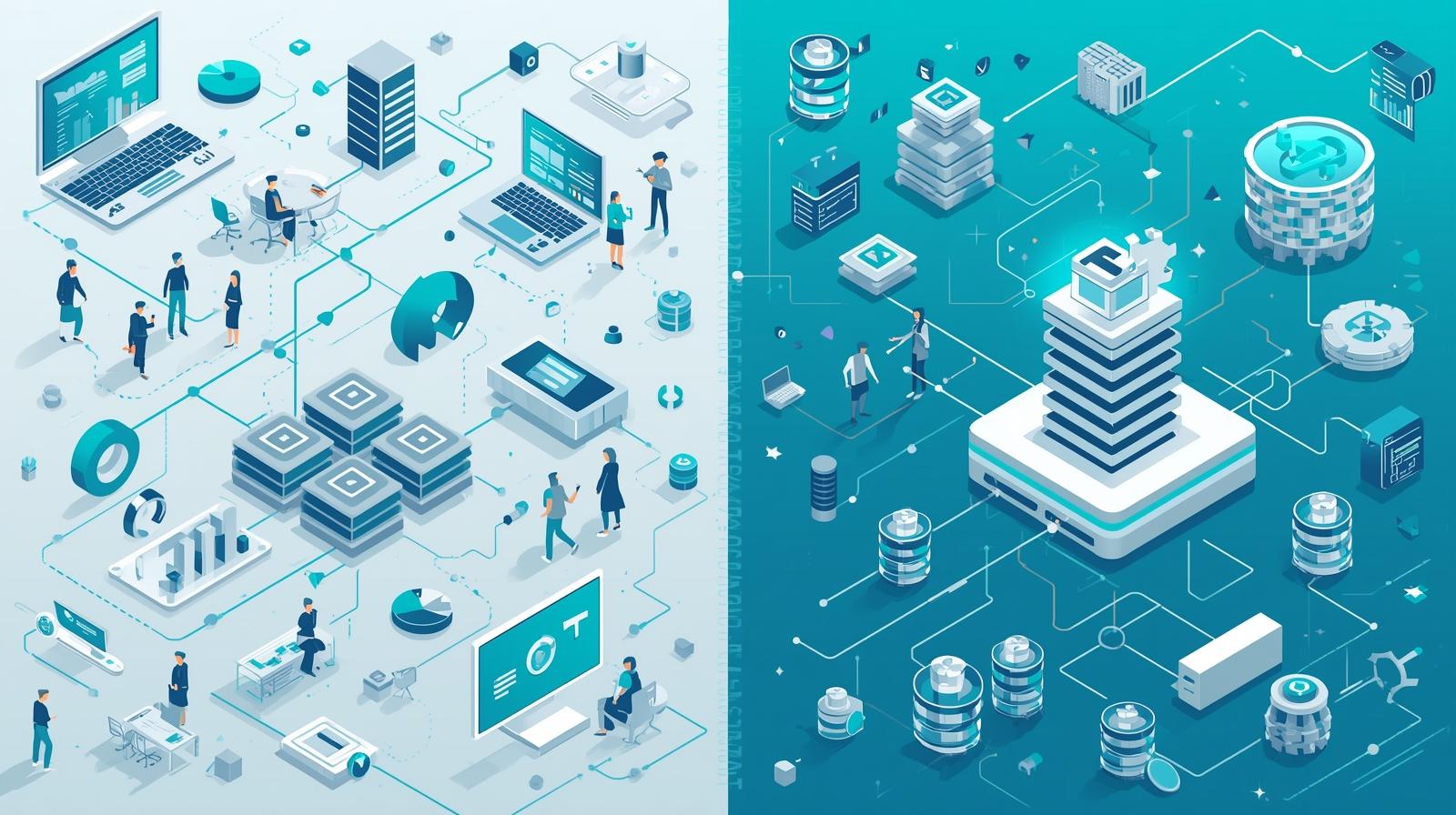 Isometric illustration of data centers, servers, laptops, and people interacting with technology.
